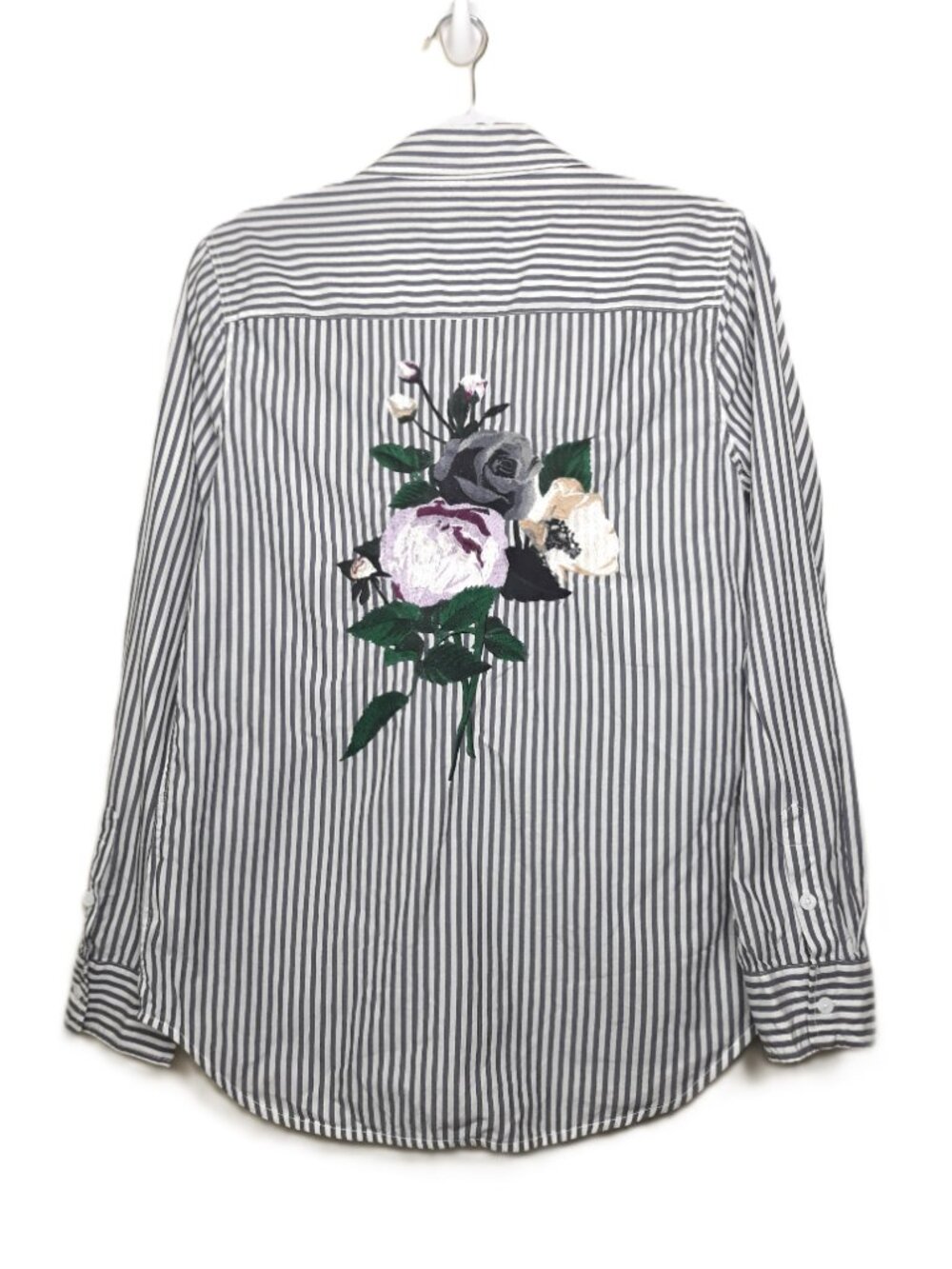 Equipment Femme Embroidered Back Striped Button Up Top Medium Gray Boho